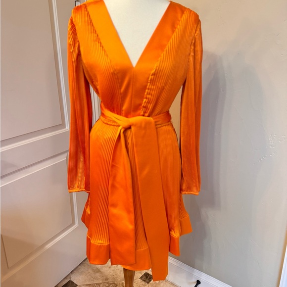 Milly Liv Pleat Tie Waist Long Sleeve Satin Dress in Amber size 10 - Picture 2 of 5